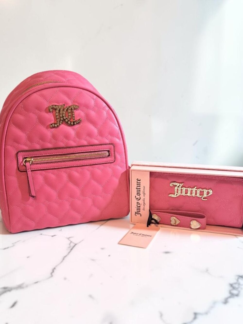 Juicy Couture Pink Quilted Backpack & Zip Around Wallet Bundle Set NWT